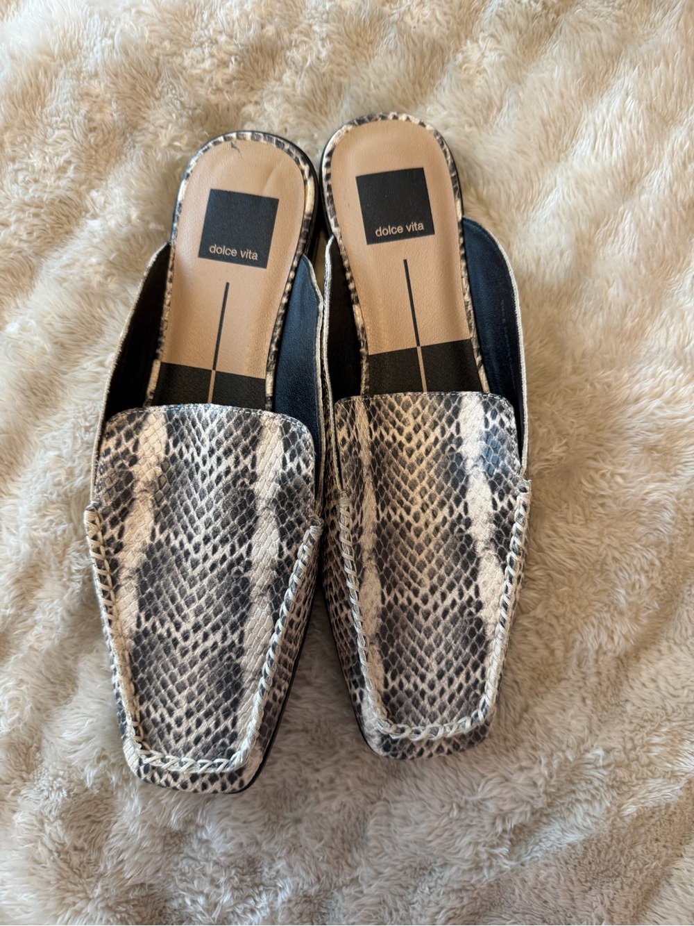 Dolce Vita Snake-Print Slip-On Mules in Black and Cream